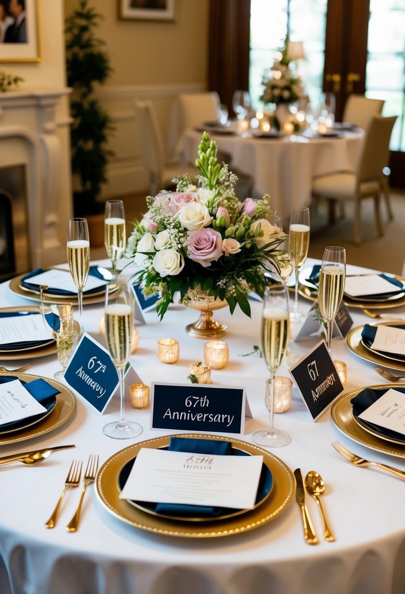 A beautifully set dining table with elegant 67th anniversary decorations, surrounded by family photos and flowers, with a special menu and celebratory champagne