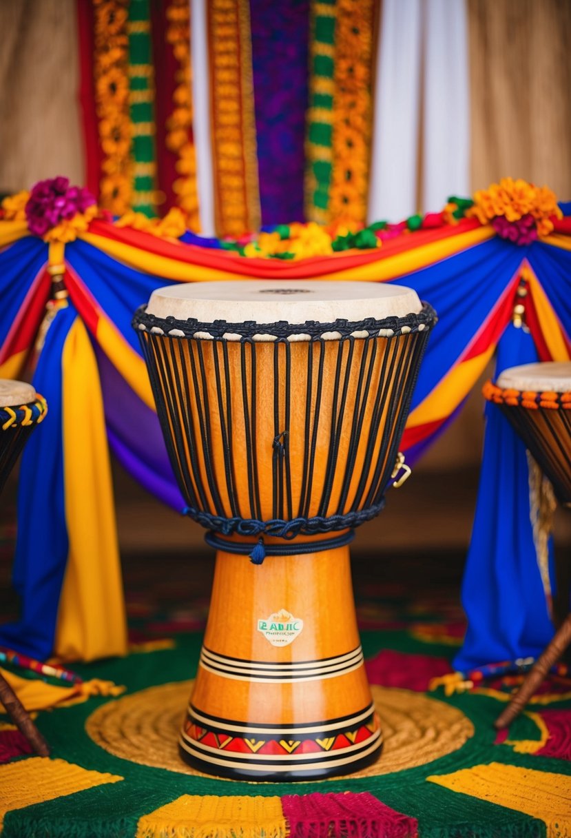 A Djembe drum stands in the center, surrounded by colorful fabrics and traditional African wedding decor. The drum emits a rhythmic and lively beat, setting the tone for a unique and vibrant musical experience