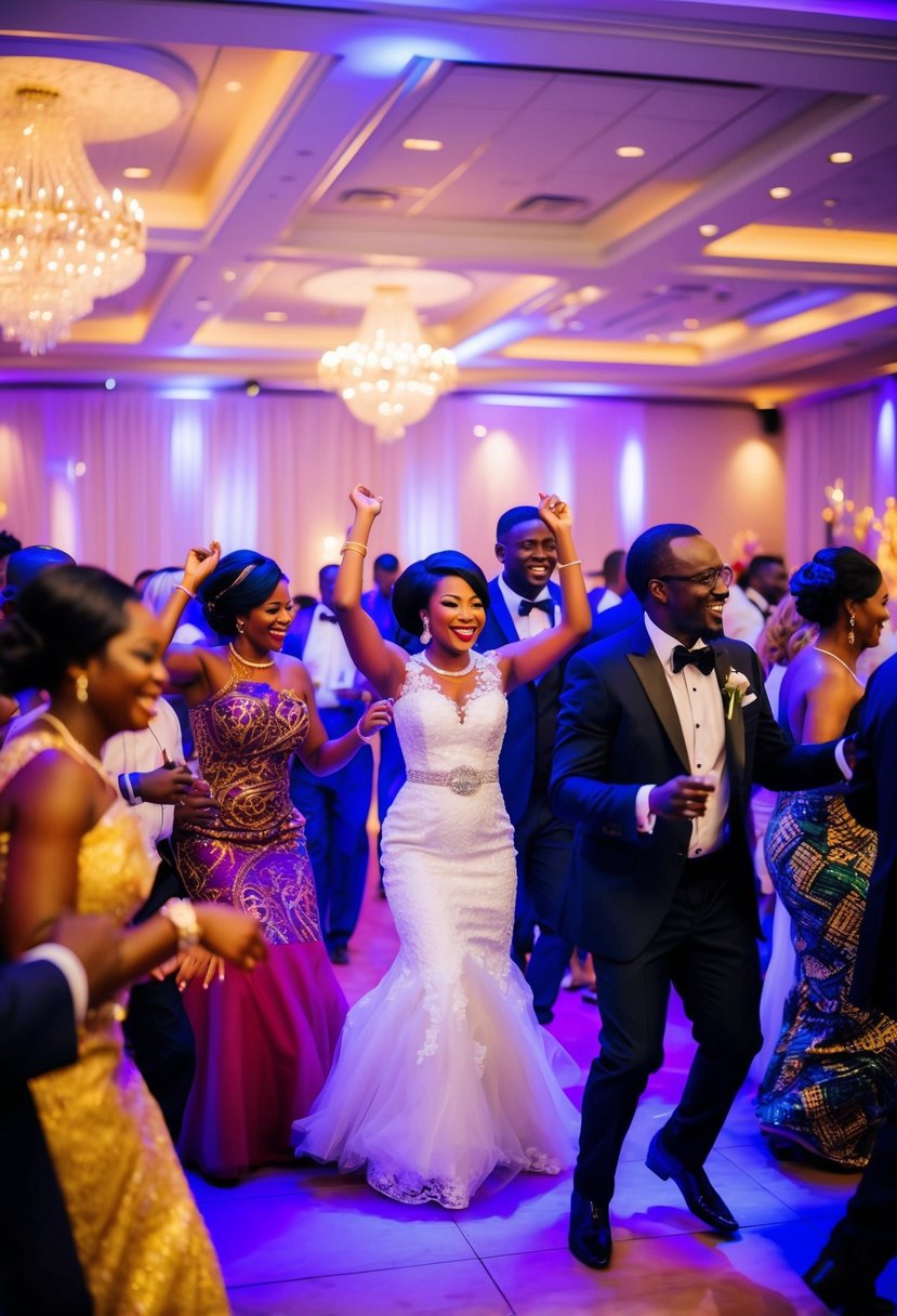 A lively Nigerian wedding reception with a mix of traditional Nigerian and Western music, guests dancing and celebrating in a colorful and festive atmosphere