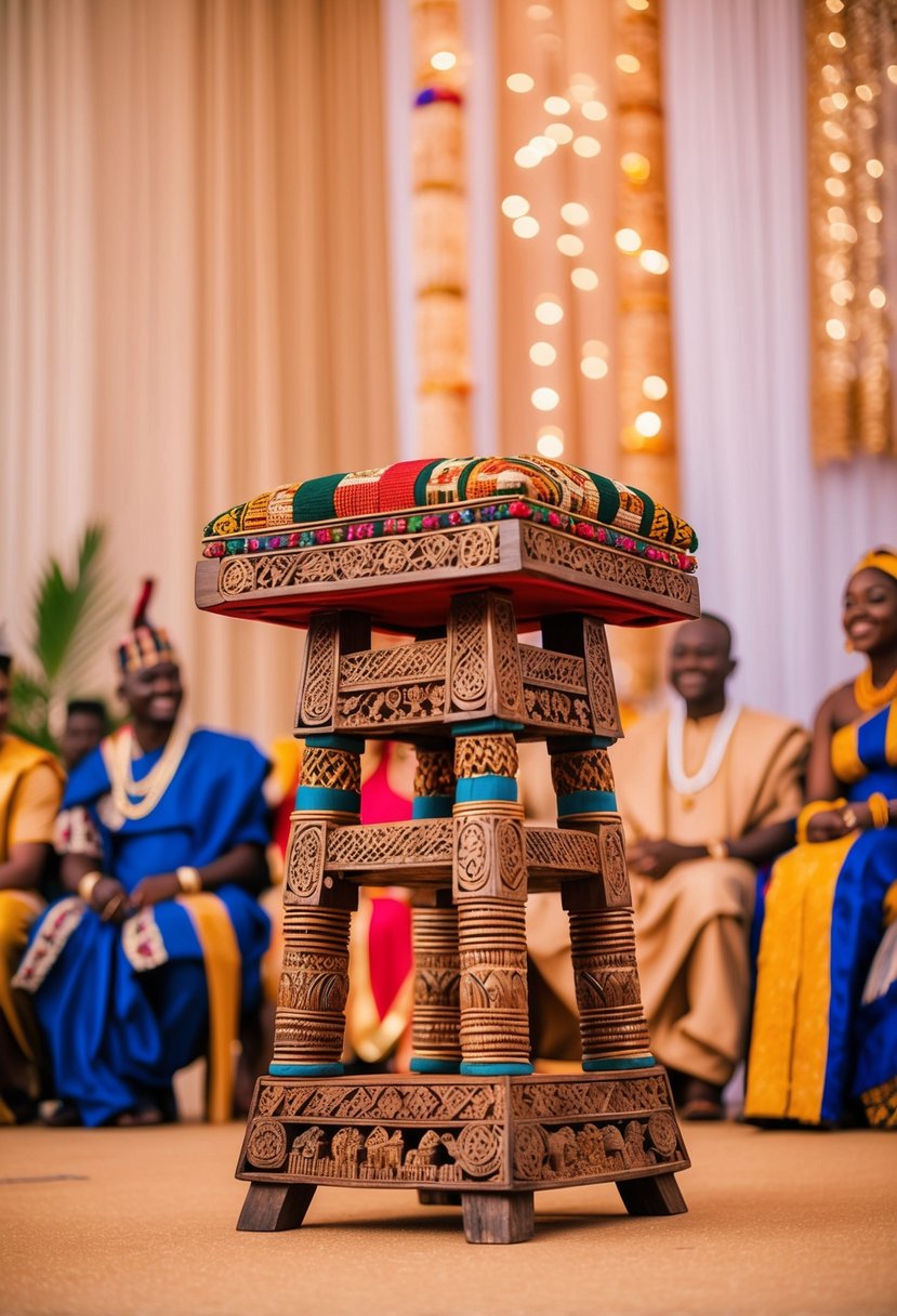 An ornate Ashanti stool sits center stage, adorned with intricate carvings and vibrant colors, ready for the traditional African wedding ceremony