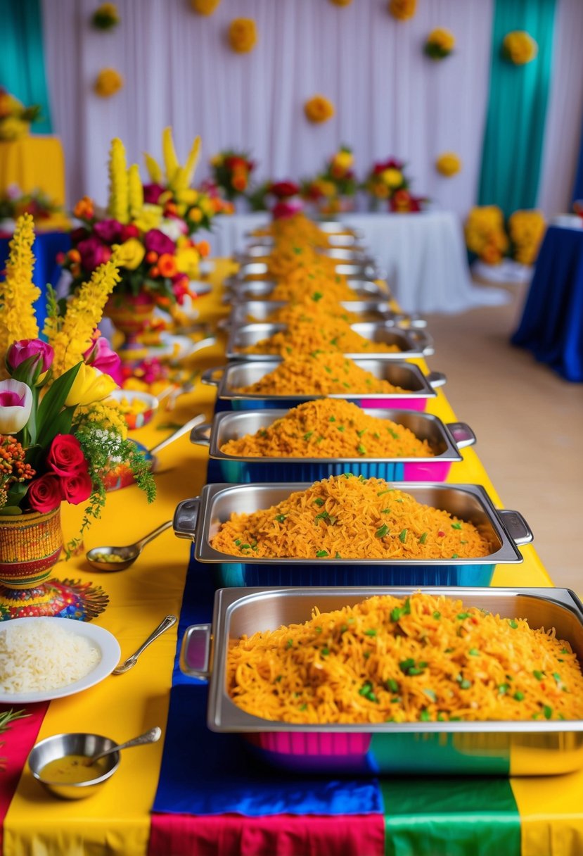 A colorful buffet table adorned with trays of steaming Jollof rice, surrounded by vibrant Nigerian wedding decor and floral arrangements