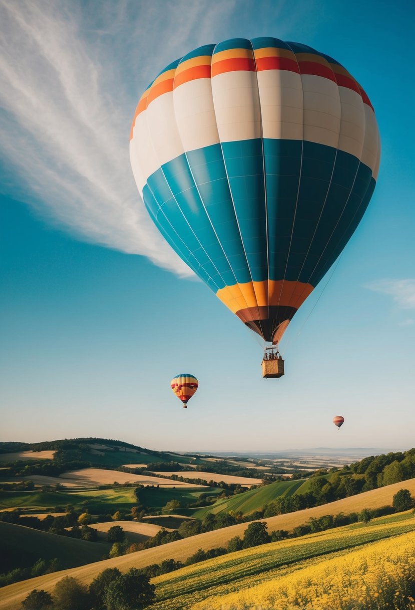 A hot air balloon floats above a picturesque landscape, with rolling hills, colorful flowers, and a clear blue sky