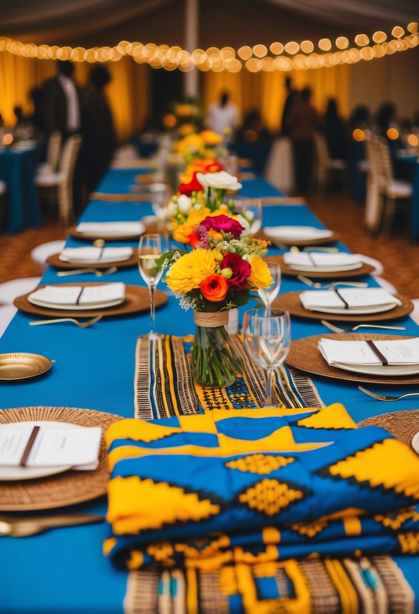 Malian mud cloth patterns adorn table linens at an African wedding, creating a vibrant and cultural atmosphere