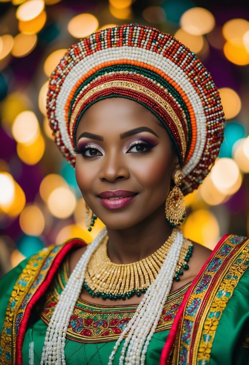 A bride wearing a traditional Nigerian wedding attire adorned with a beaded crown, surrounded by vibrant colors and intricate patterns