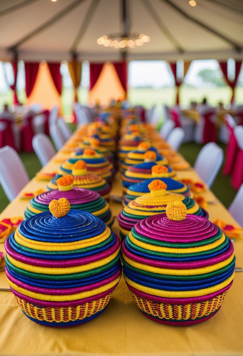 A table adorned with colorful agaseke baskets, ready to be given as gifts at an African wedding