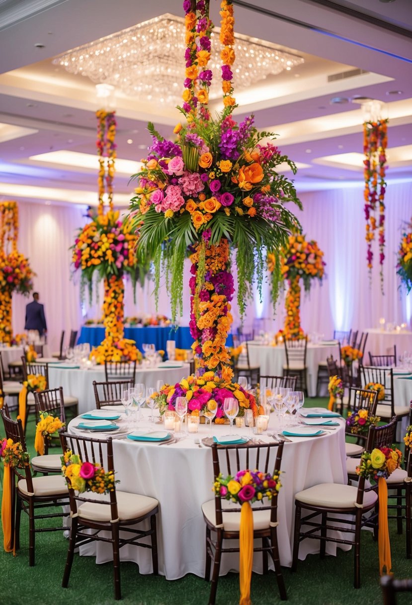 Vibrant floral arrangements adorn a Nigerian wedding venue, with colorful blooms cascading from tables and hanging from the ceiling