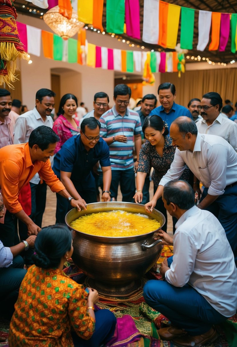 A group of people gather around a large pot of traditional palm wine, with colorful fabrics and decorations adorning the space