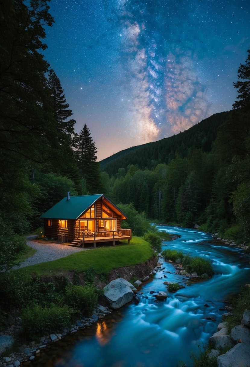 A cozy cabin nestled in a lush forest, with a winding river and a clear starry sky above