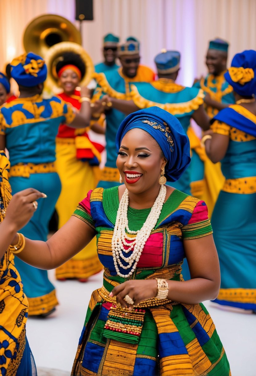 A lively Nigerian wedding with a live band playing traditional music, guests dancing and celebrating in colorful traditional attire