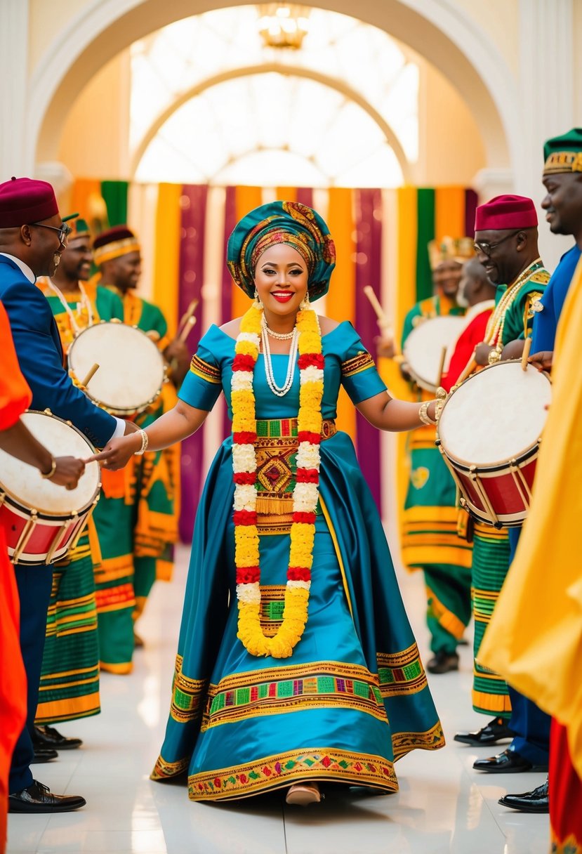 A vibrant Nigerian wedding grand entry with cultural drumming and colorful traditional attire