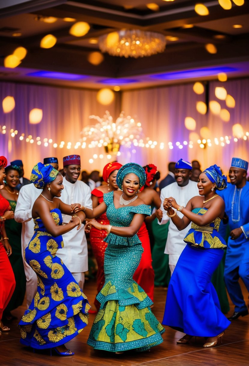 A lively Nigerian wedding dance with guests in colorful traditional attire, surrounded by vibrant music and joyful celebration