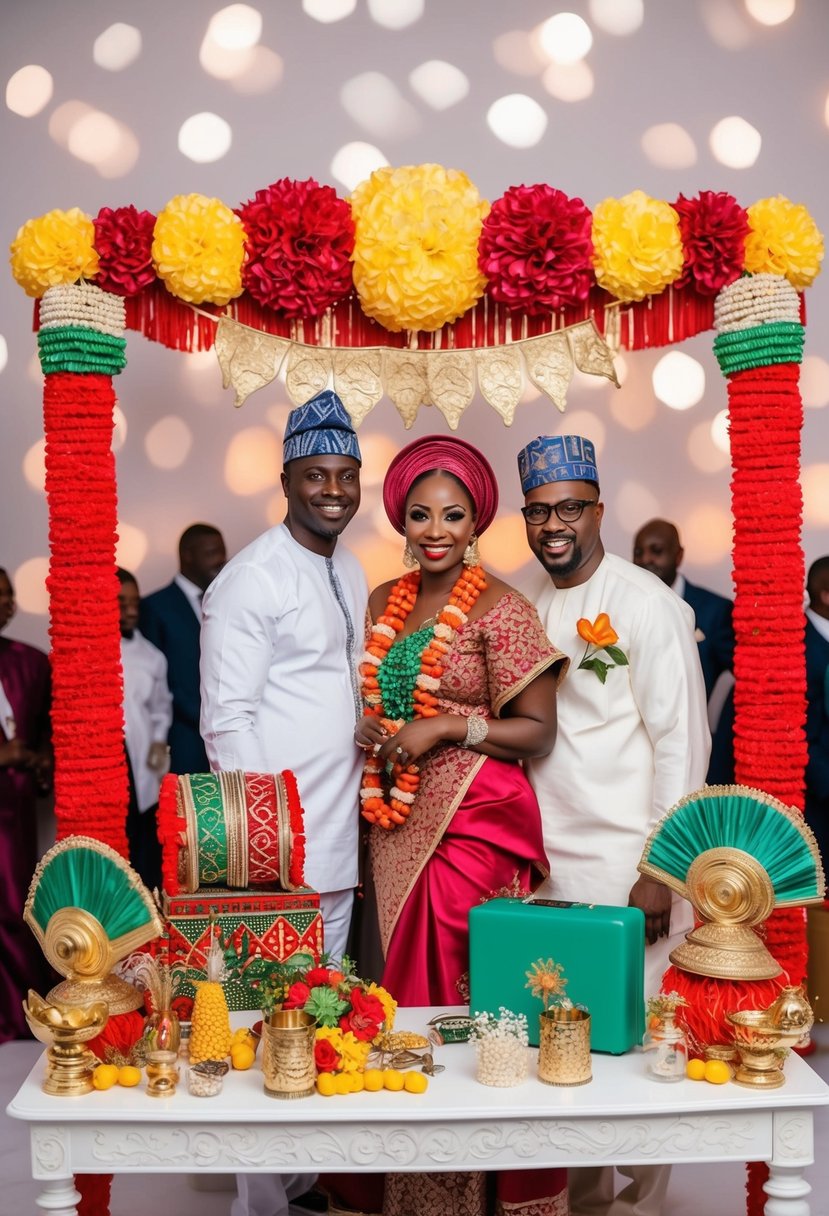 A vibrant photo booth adorned with Nigerian traditional wedding props and decor