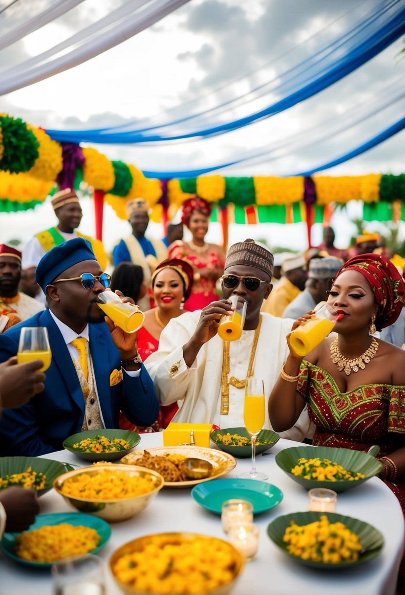 Guests sip palm wine under a canopy at a Nigerian wedding, surrounded by vibrant traditional decor and joyful celebration