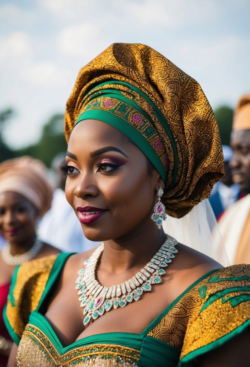 An elegant Gele headtie adorned with intricate patterns and vibrant colors, complementing the bride's attire for a Nigerian wedding