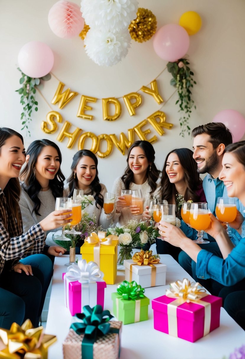 A group of friends gather virtually to celebrate a wedding shower. Decorations, gifts, and festive drinks create a joyful and festive atmosphere