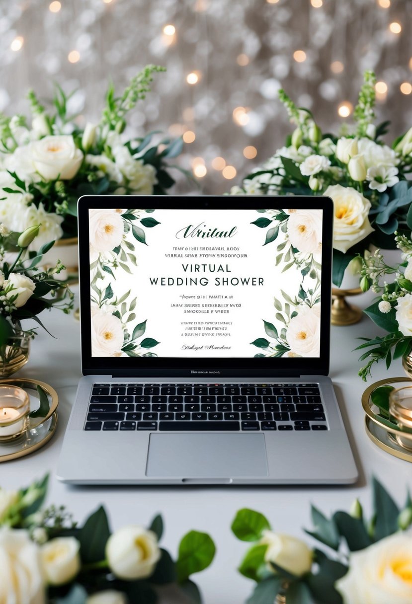 A laptop displaying a chic virtual wedding shower invitation surrounded by elegant floral arrangements and modern decor