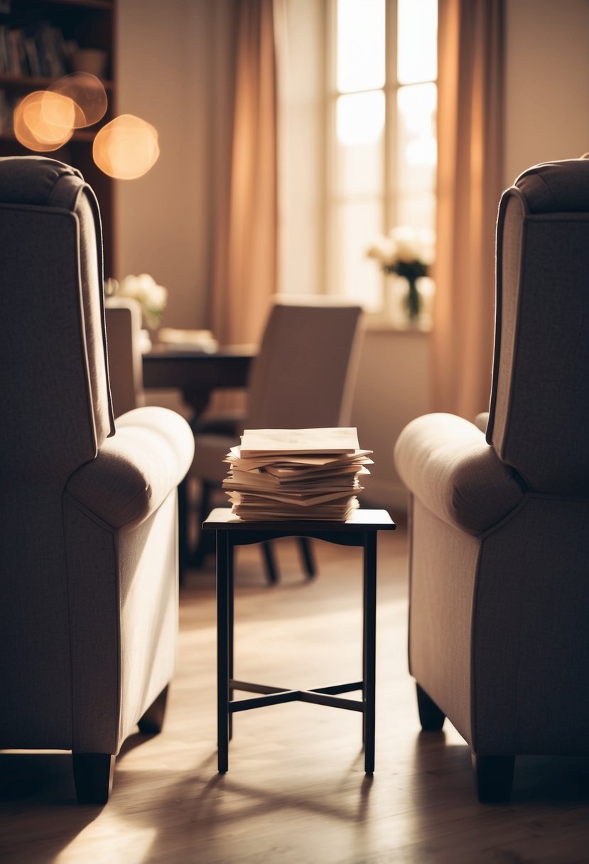 A cozy living room with two armchairs facing each other, a small table between them holding a stack of love letters. A warm, soft light fills the room, creating a romantic atmosphere