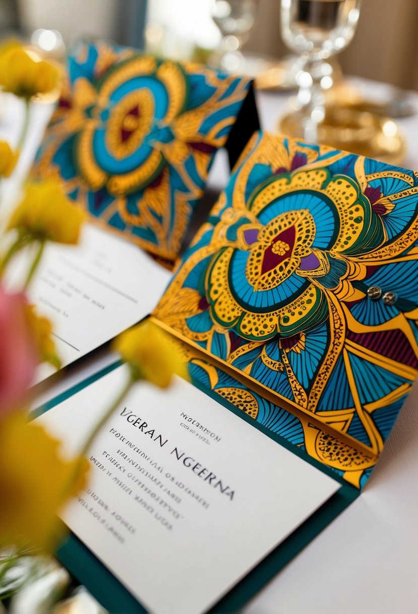 Vibrant Nigerian patterns adorn elegant wedding invitations