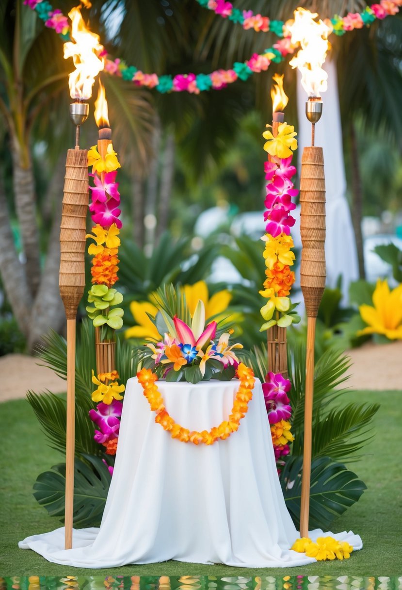 A virtual wedding shower with a unique theme: tropical luau. Decor includes tiki torches, leis, and colorful floral arrangements