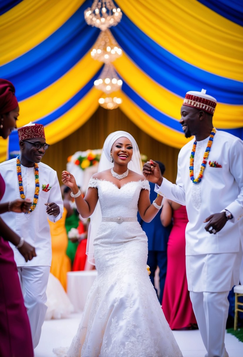 A vibrant Nigerian wedding ceremony with traditional white attire, colorful decor, and joyful dancing