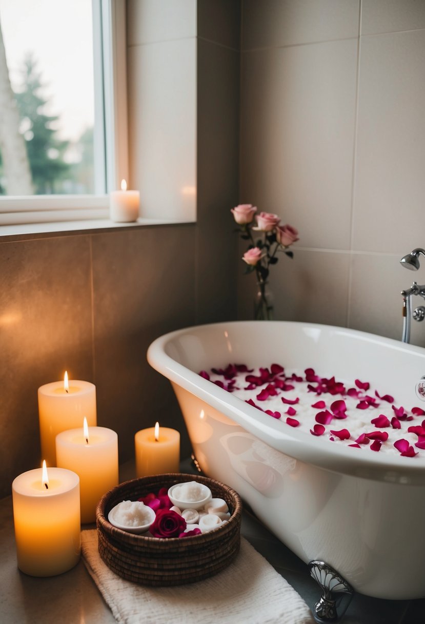 A serene bathroom with lit candles, a bathtub filled with rose petals, and a tray of homemade spa treatments