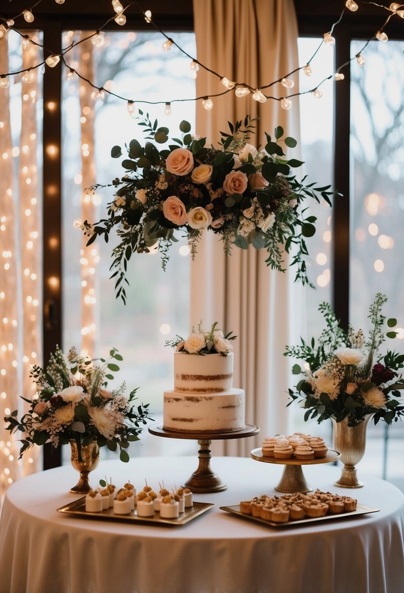 A virtual wedding shower with a cozy and elegant setup featuring floral arrangements, twinkling lights, and a dessert table with a variety of treats