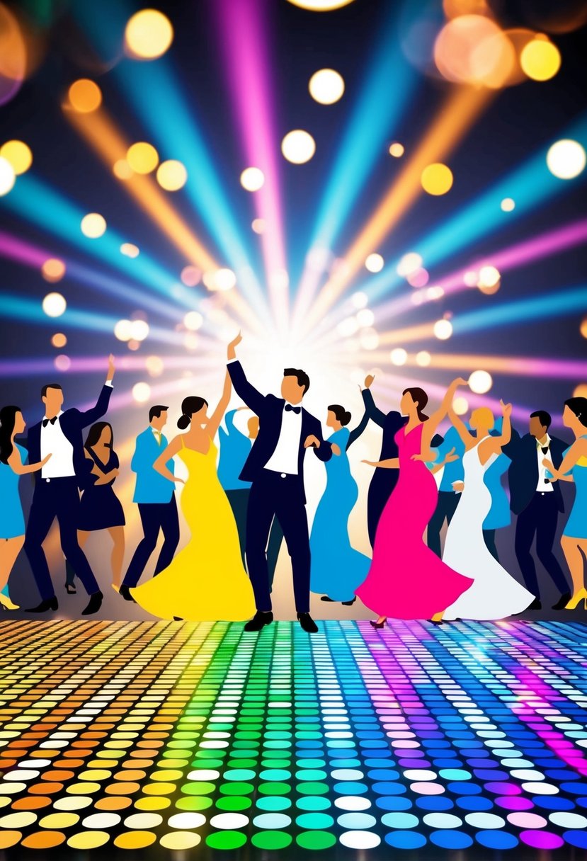 A colorful virtual dance floor with disco lights and music, surrounded by virtual guests dancing and celebrating