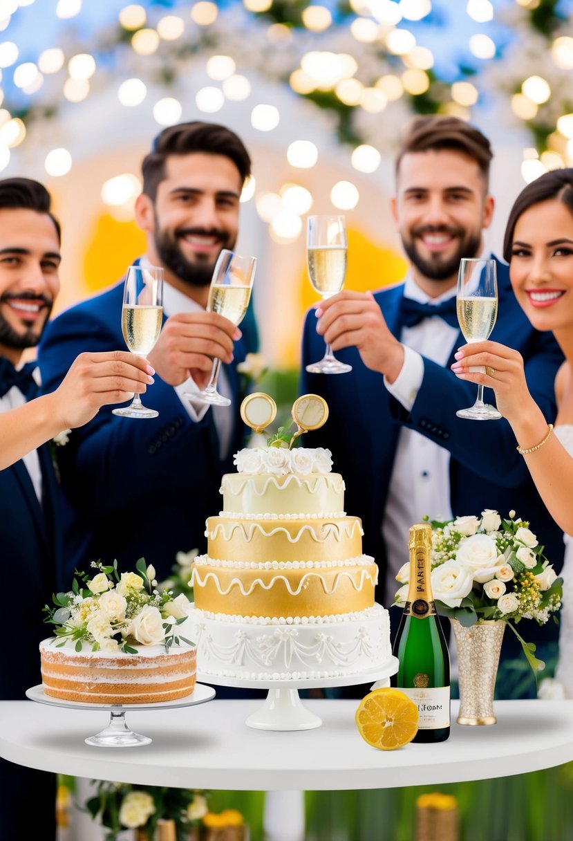 A bride and groom-themed digital paint and sip event with champagne, wedding cake, and virtual guests raising their glasses in celebration