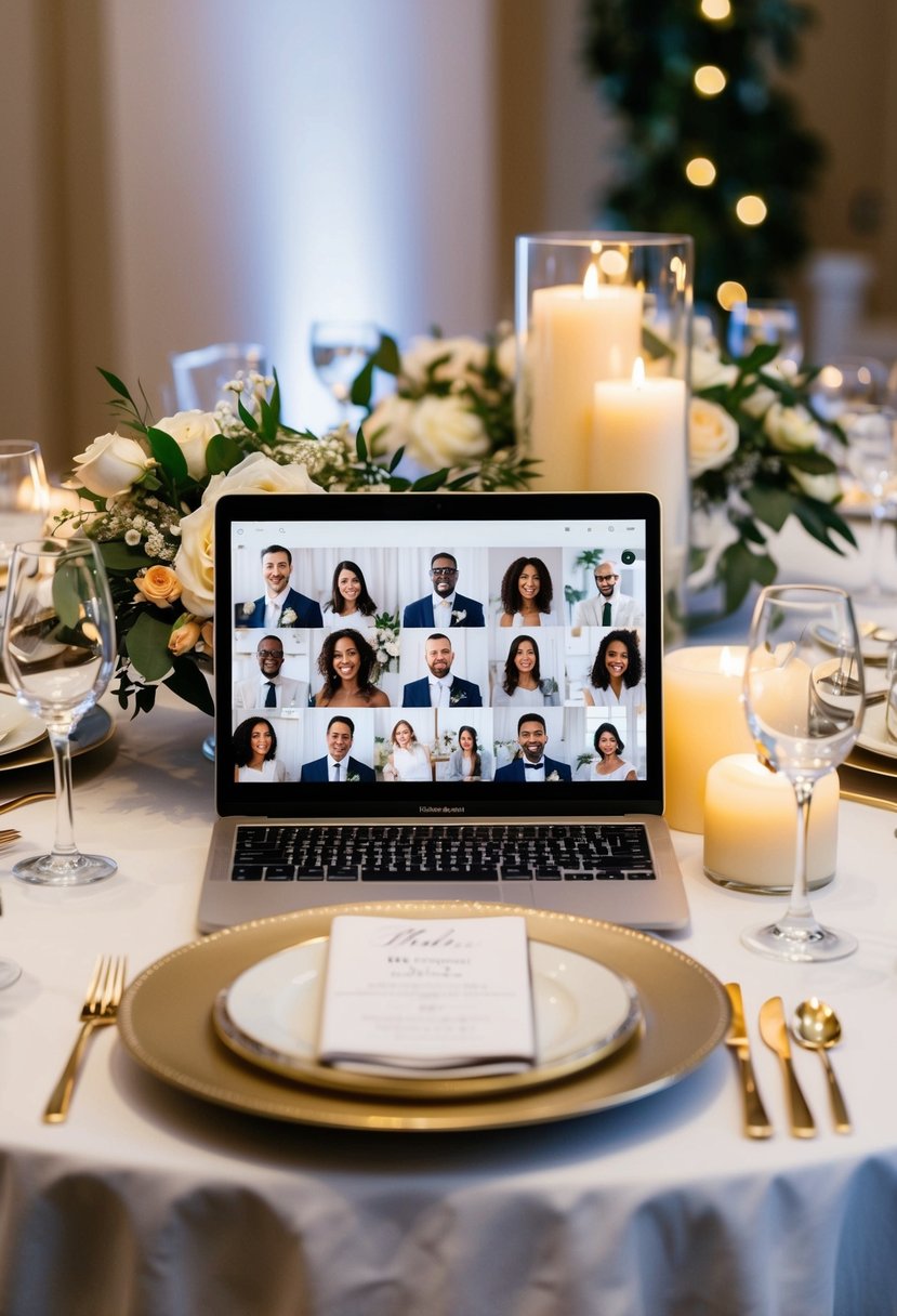 A table set with elegant place settings, floral centerpieces, and soft candlelight. A laptop displaying a virtual wedding shower with smiling faces