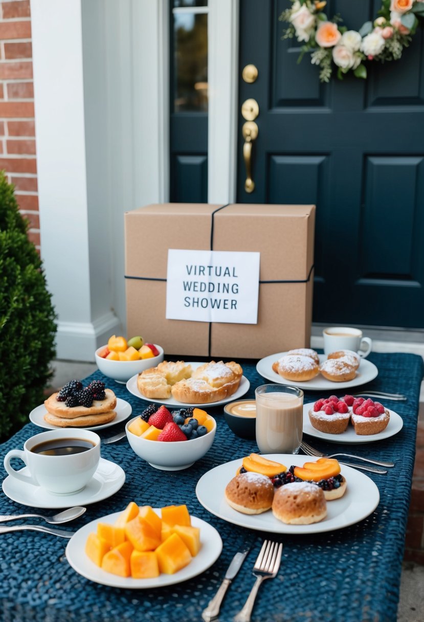 A table set with a variety of brunch items, including pastries, fruit, and coffee, is delivered to a doorstep with a note for a virtual wedding shower