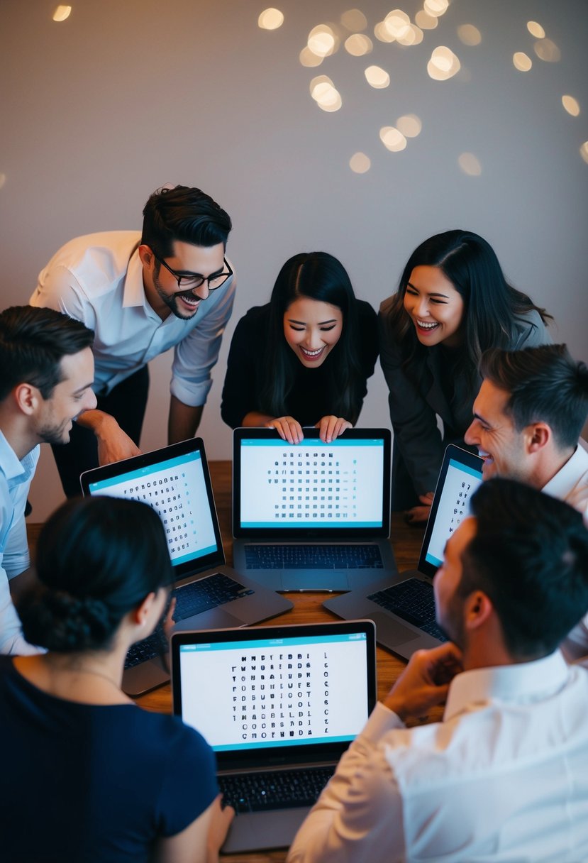 A group of friends gather around their screens, laughing and guessing words in a virtual wedding shower game of Just One