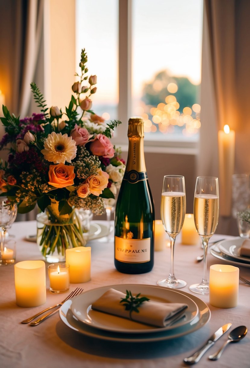 A romantic dinner table with a bouquet of flowers, a bottle of champagne, and two champagne glasses, surrounded by candles and a soft, warm glow