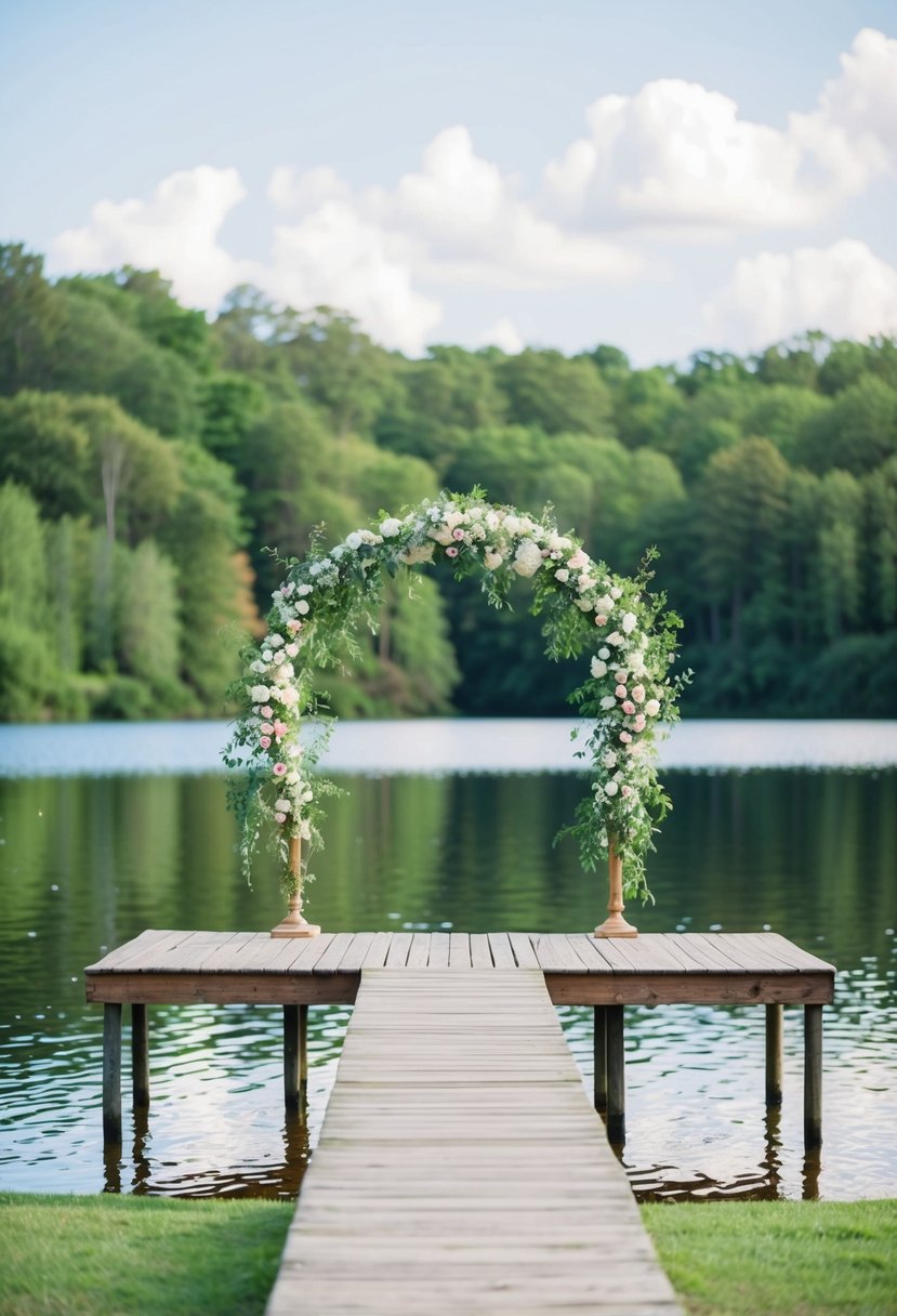 A serene lake surrounded by lush greenery, with a wooden dock and floral arch for a wedding ceremony