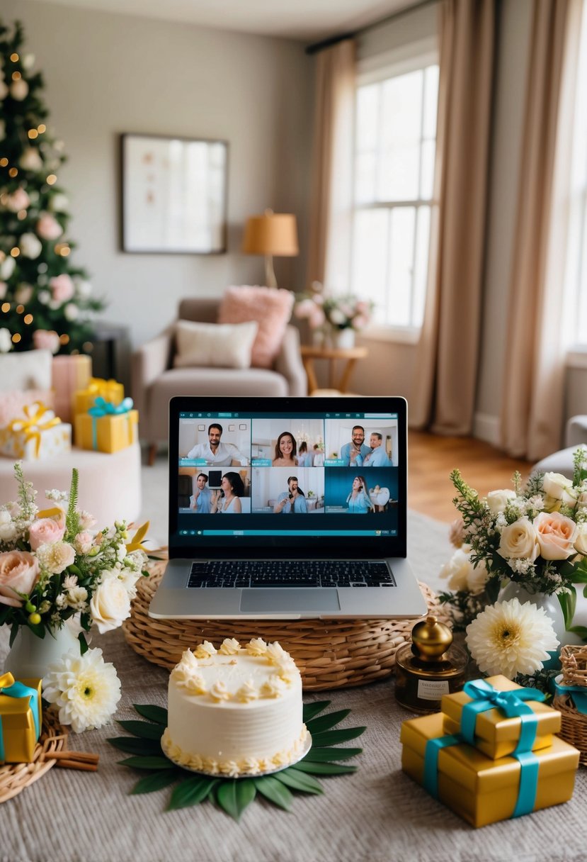 A virtual wedding shower slideshow: a cozy living room with a laptop streaming, surrounded by flowers, gifts, and a celebratory cake