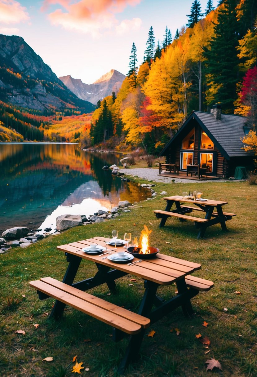 A cozy cabin nestled in the mountains, surrounded by colorful autumn foliage and a serene lake, with a picnic table set for two and a warm fire crackling in the background