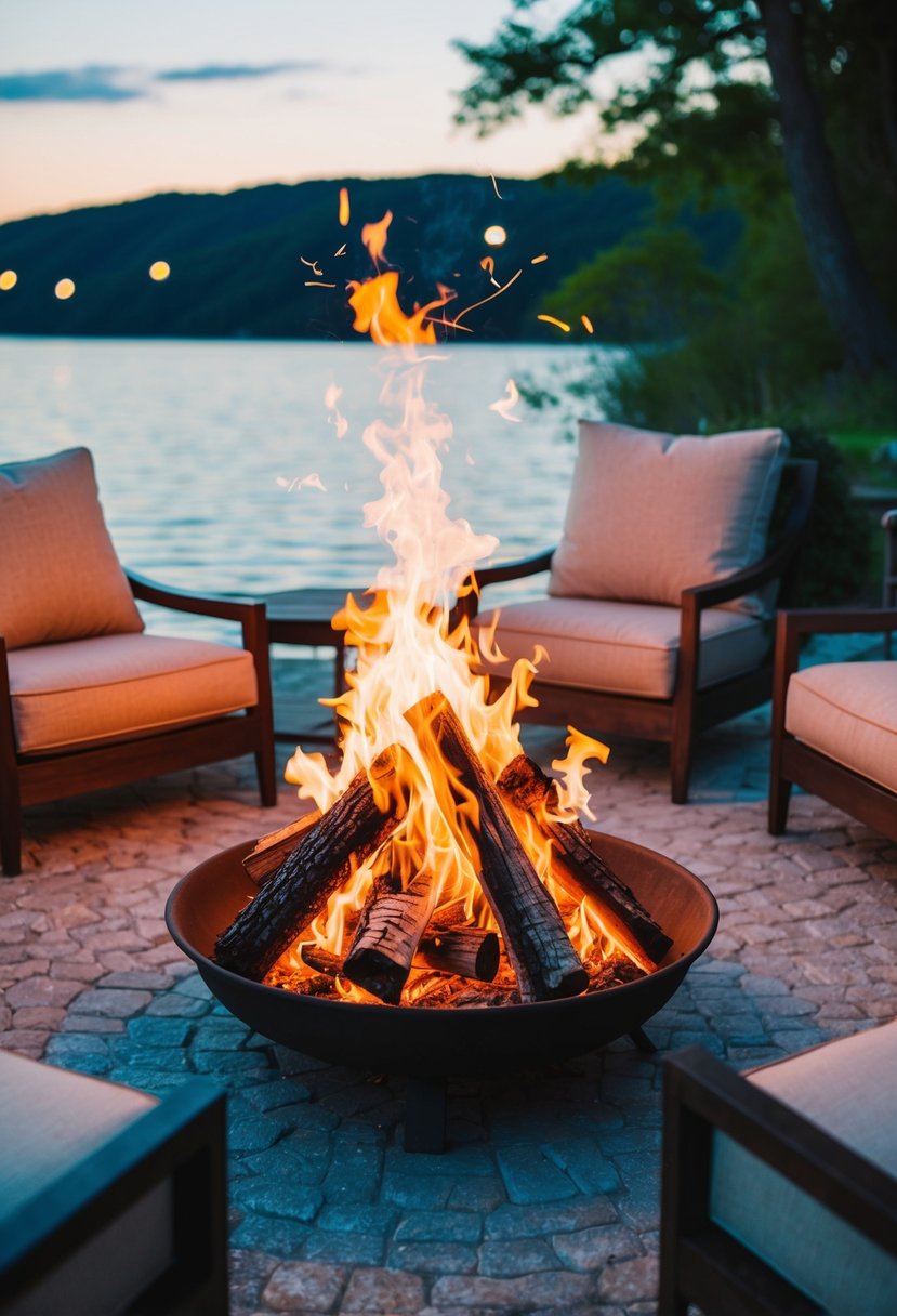 A crackling bonfire by the serene lakeside, surrounded by cozy seating and soft, warm lighting