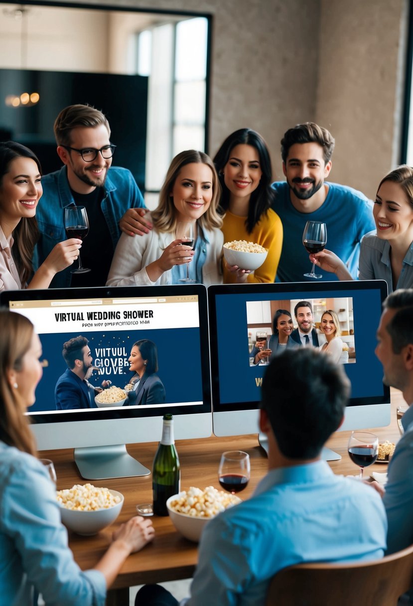 A group of friends gather around their computer screens, each with a bowl of popcorn and a glass of wine, ready to watch a movie together for a virtual wedding shower