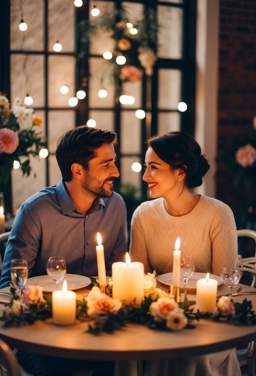 A couple sits at a candlelit table, surrounded by flowers and soft music, reminiscing about their first date 64 years ago