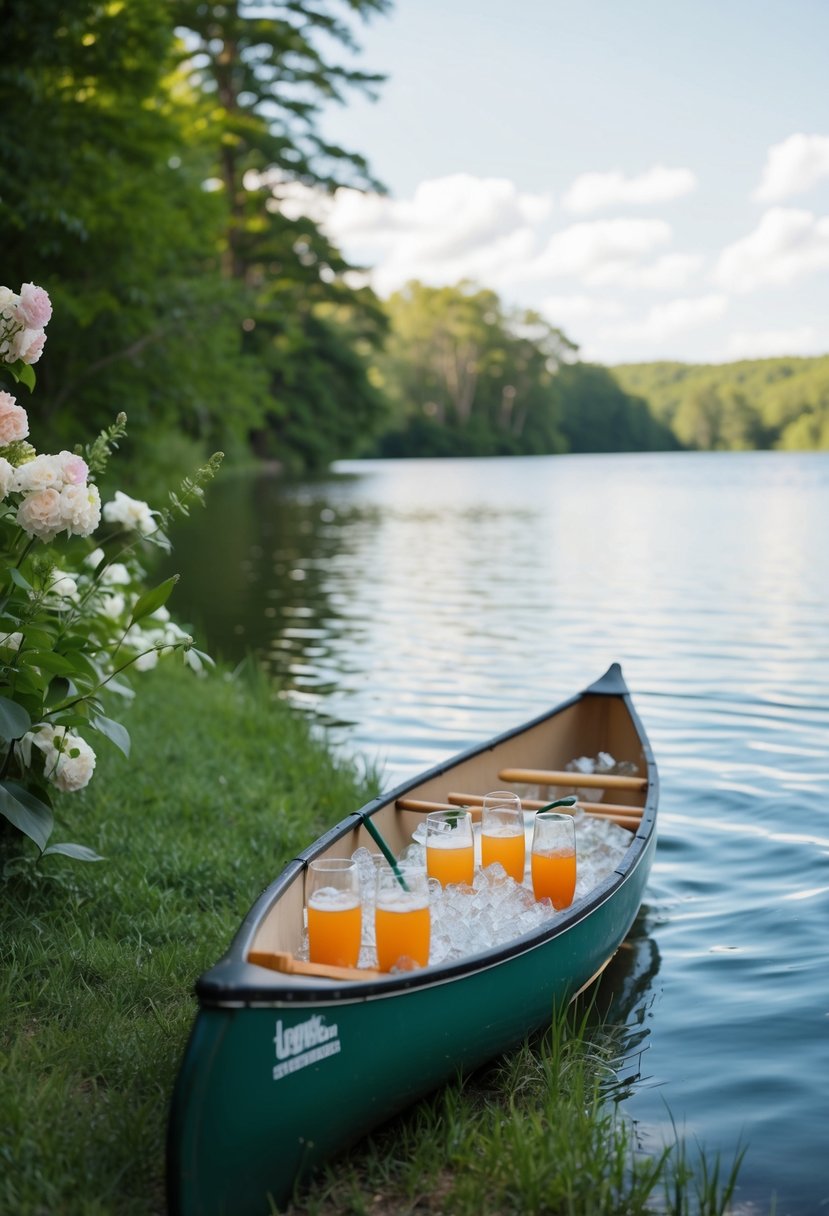 A canoe filled with drinks and ice sits at the edge of a serene lake, surrounded by lush greenery and blooming flowers, ready for a romantic wedding celebration