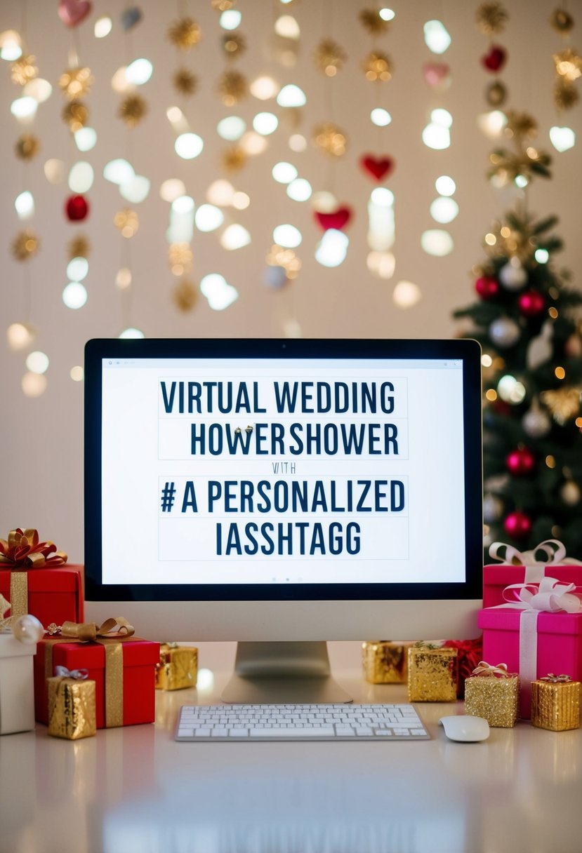 A virtual wedding shower with personalized hashtags displayed on a computer screen, surrounded by festive decorations and gifts