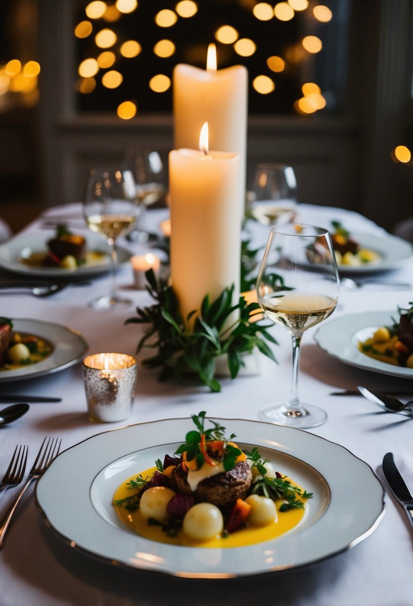 A beautifully set dining table with a candlelit centerpiece, elegant silverware, and a gourmet meal plated with artistic flair