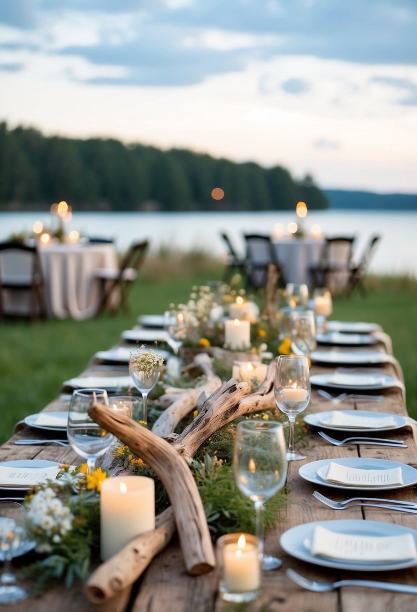 Driftwood centerpieces adorn rustic tables at a lakeside wedding, complemented by wildflowers and soft candlelight