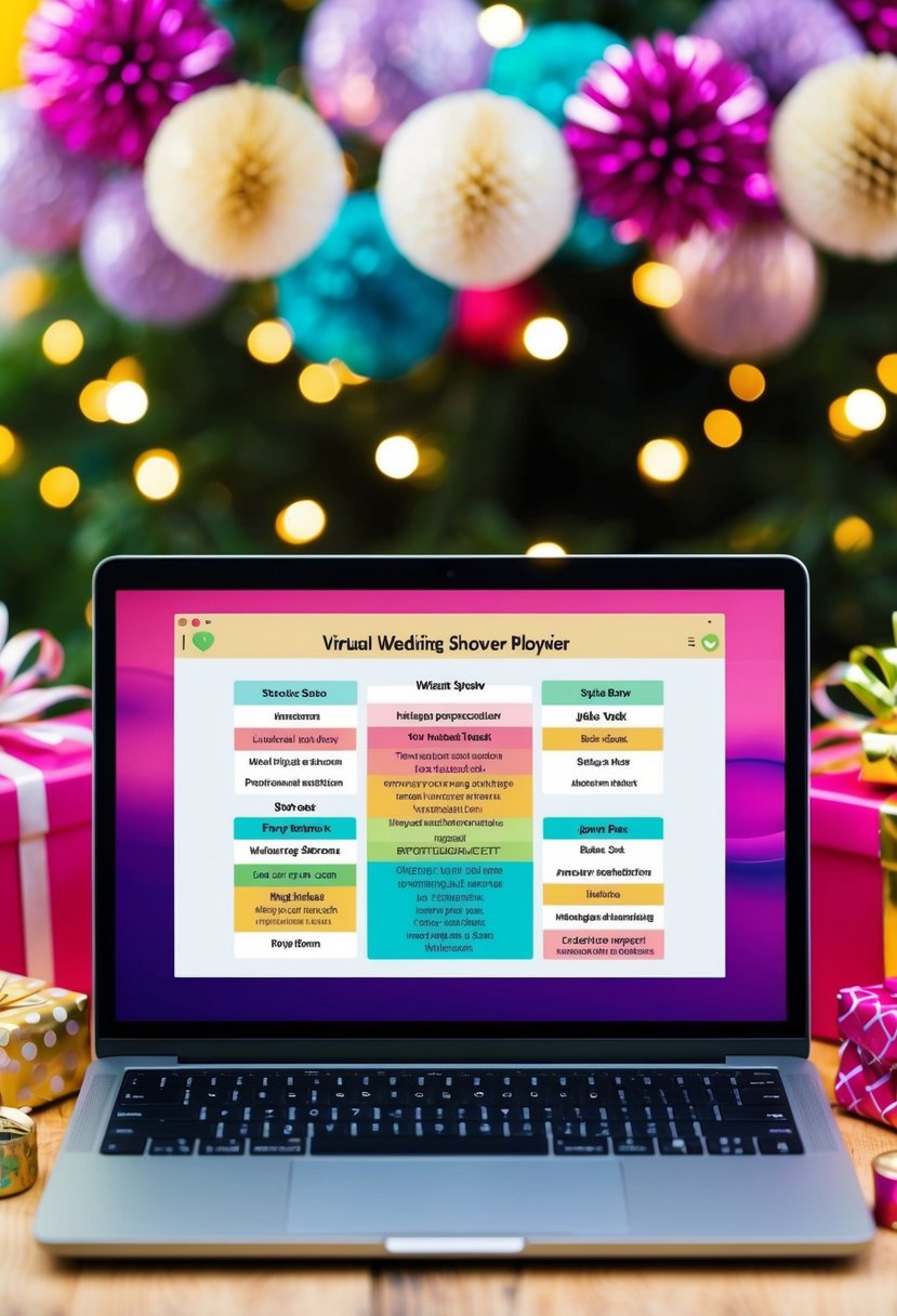 A laptop with a colorful virtual wedding shower playlist displayed on the screen, surrounded by festive decorations and gifts