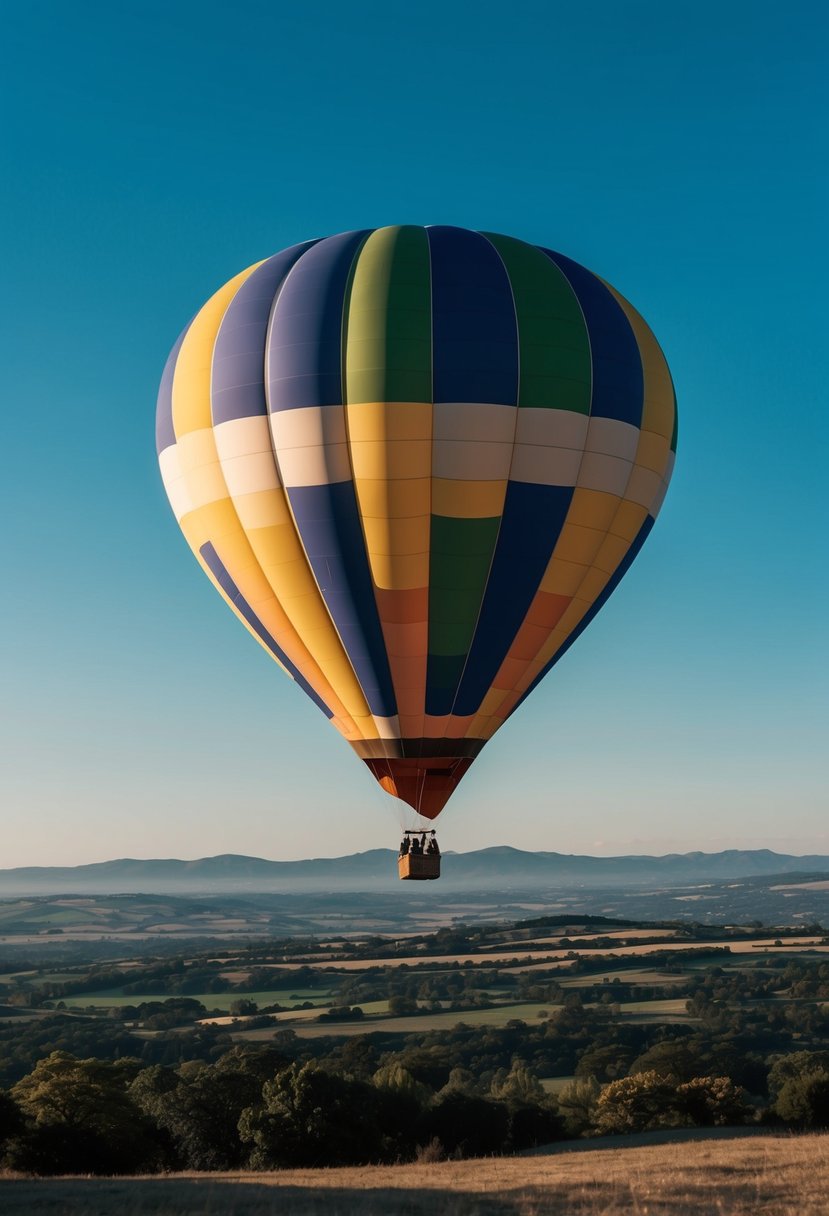 A hot air balloon floats above a picturesque landscape, with a colorful, striped balloon and a clear blue sky