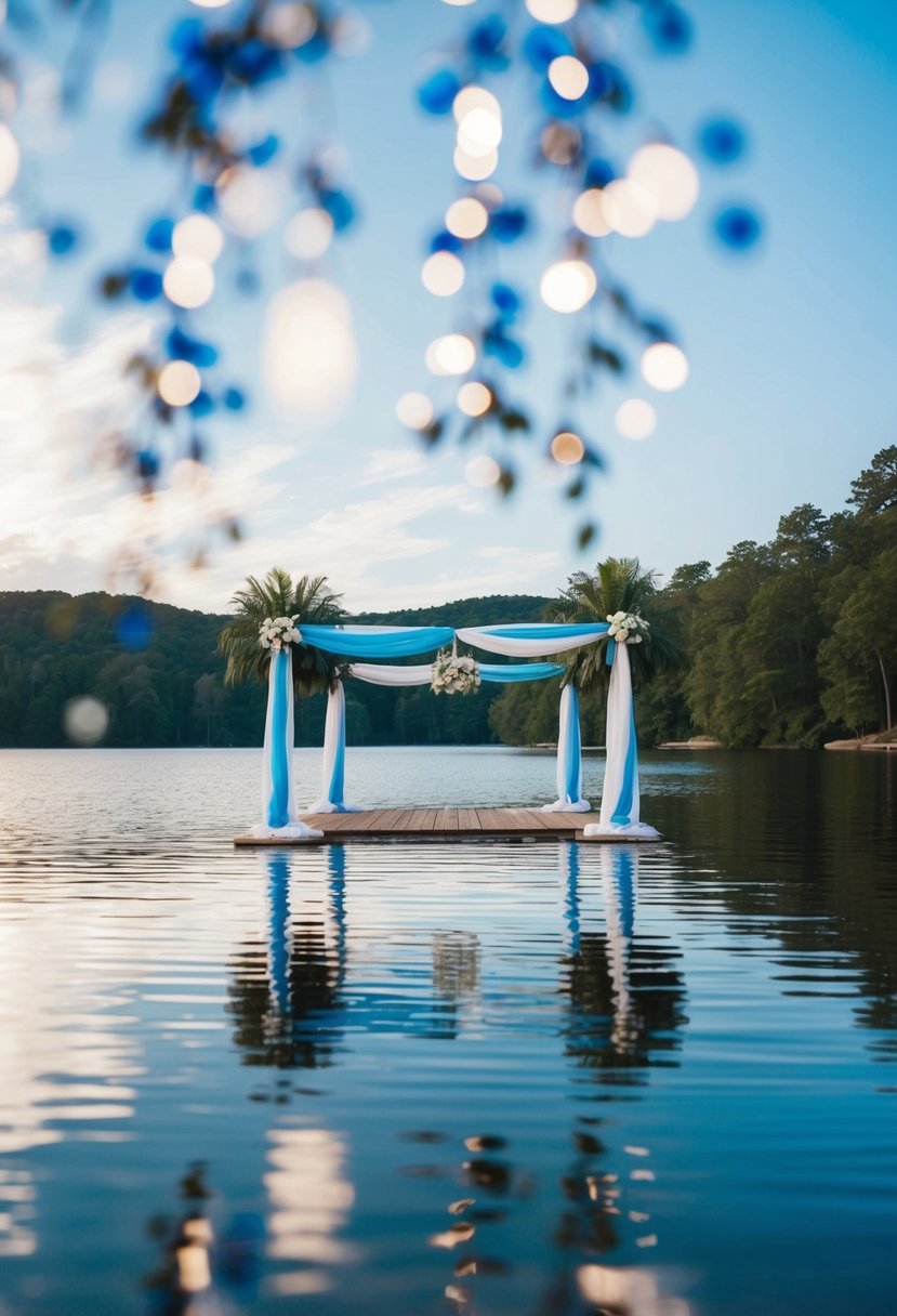 A tranquil lakeside wedding with blue and white decor, reflecting in the calm water