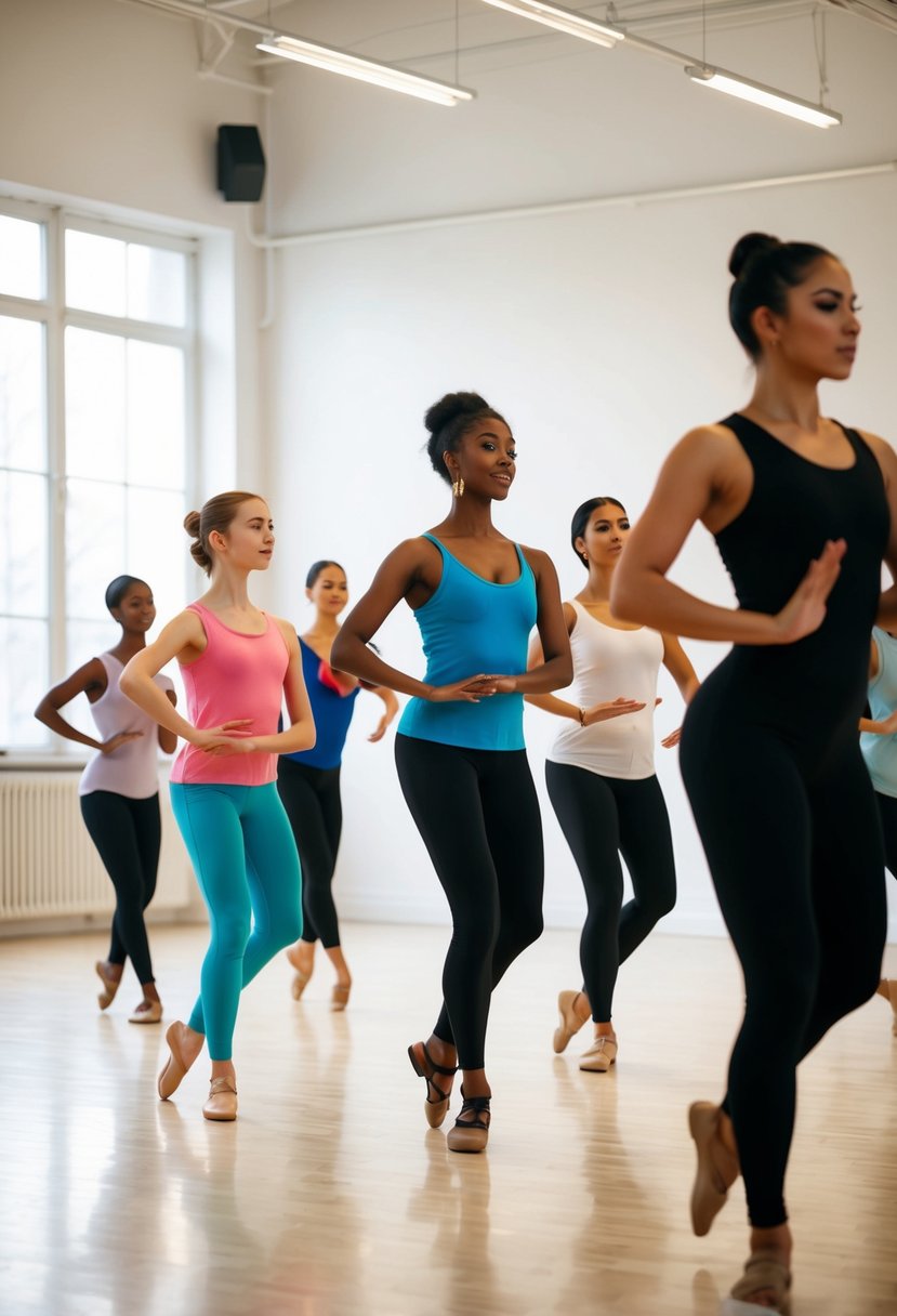 A group of dancers of all ages and backgrounds move gracefully in a spacious and brightly lit studio, following the guidance of a skilled instructor