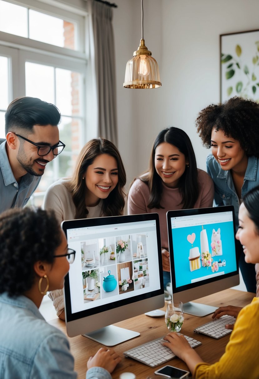 A group of friends gather around their computer screens, searching for virtual wedding shower items in their own homes