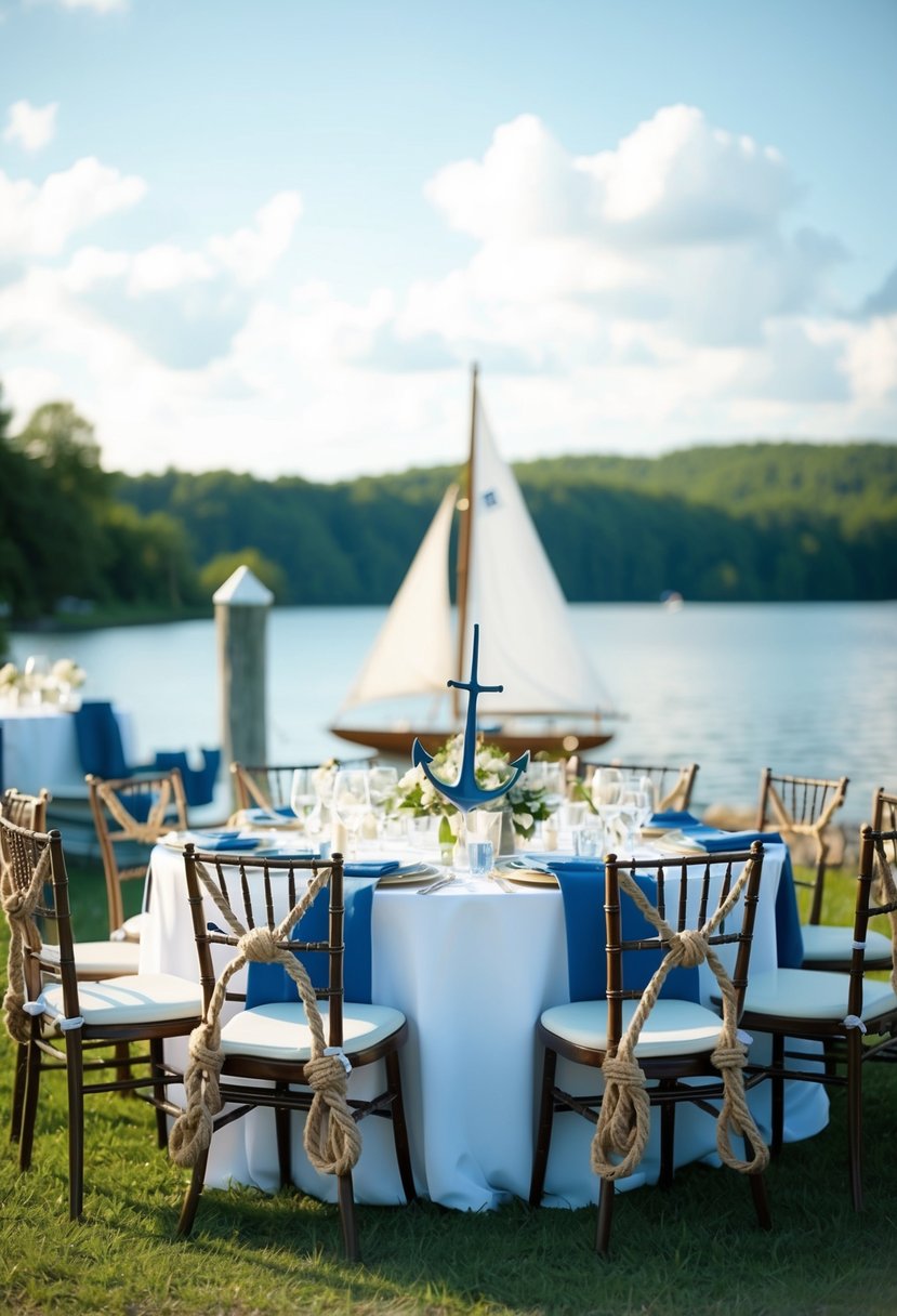 A lakeside wedding with nautical decor: rope knots draped on chairs, anchor motifs on table settings, and a sailboat centerpiece on the reception tables