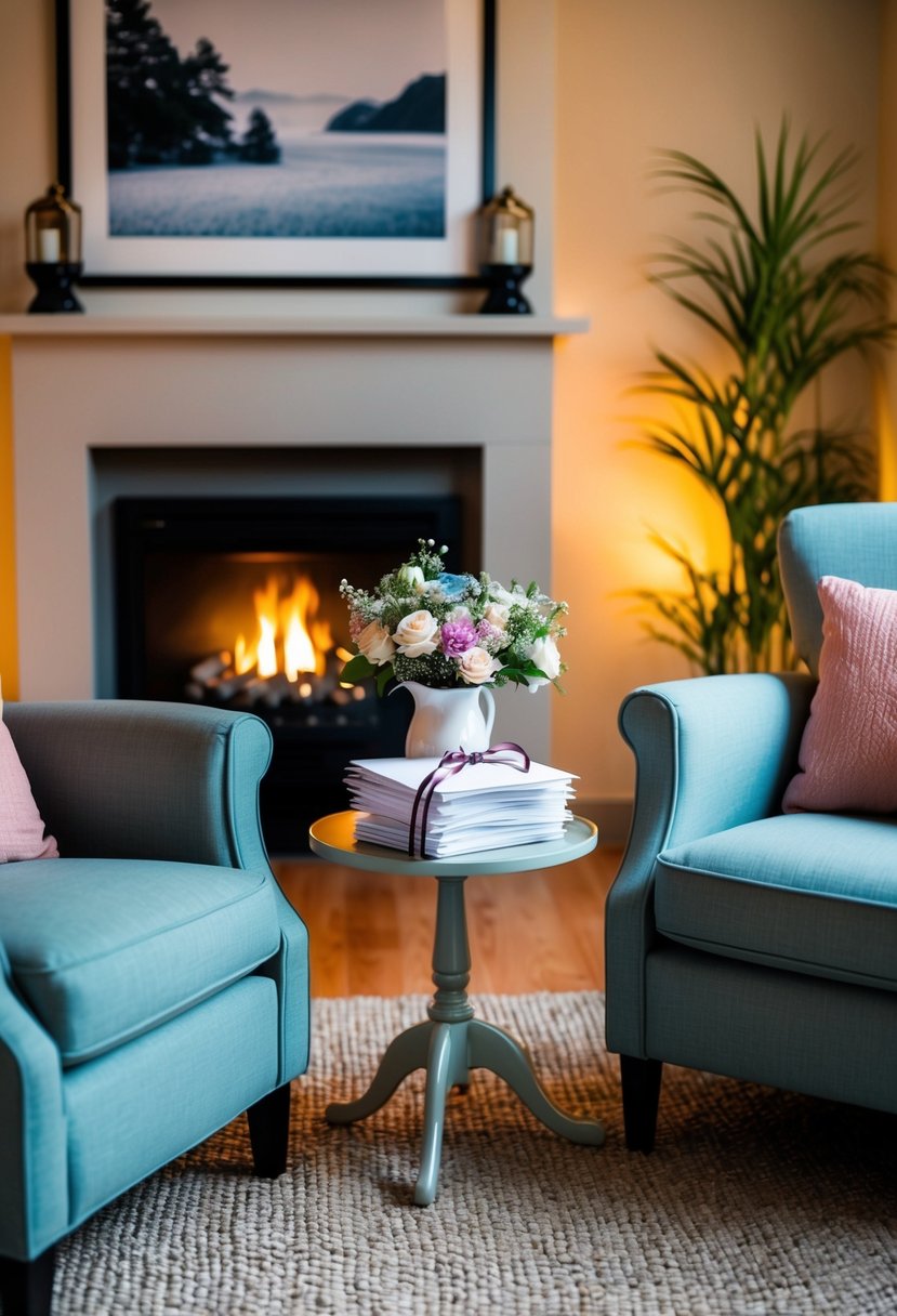 A cozy living room with a fireplace, two armchairs, and a small table set with a vase of flowers and a stack of love letters tied with a ribbon