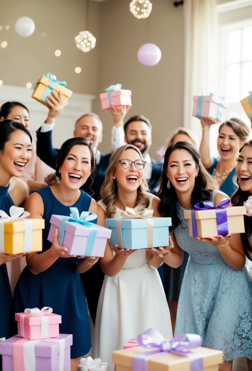 A group of virtual attendees eagerly open digital gifts during a wedding shower, smiling and laughing as they share the joy of the occasion